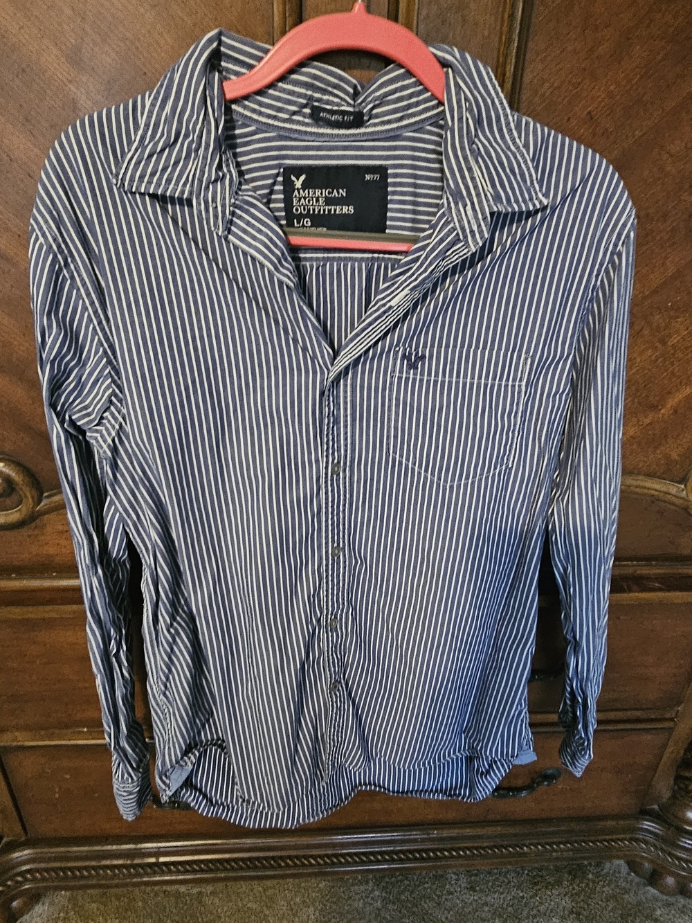American Eagle Outfitters Navy and White Striped Button-Down Shirt